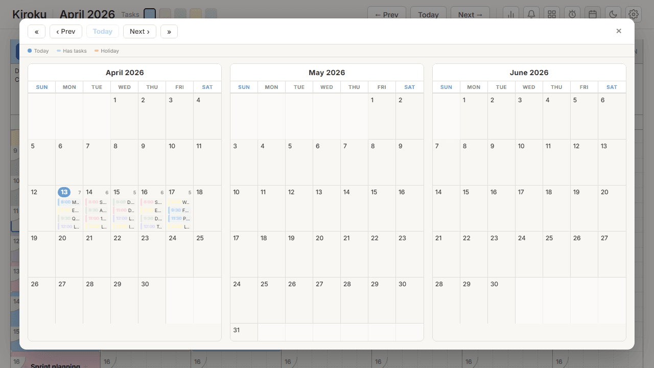 Kiroku calendar popup showing a three-month view for quick date navigation