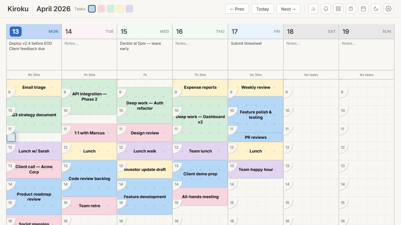 Kiroku hover overlay showing task details including start time, end time, duration, and type