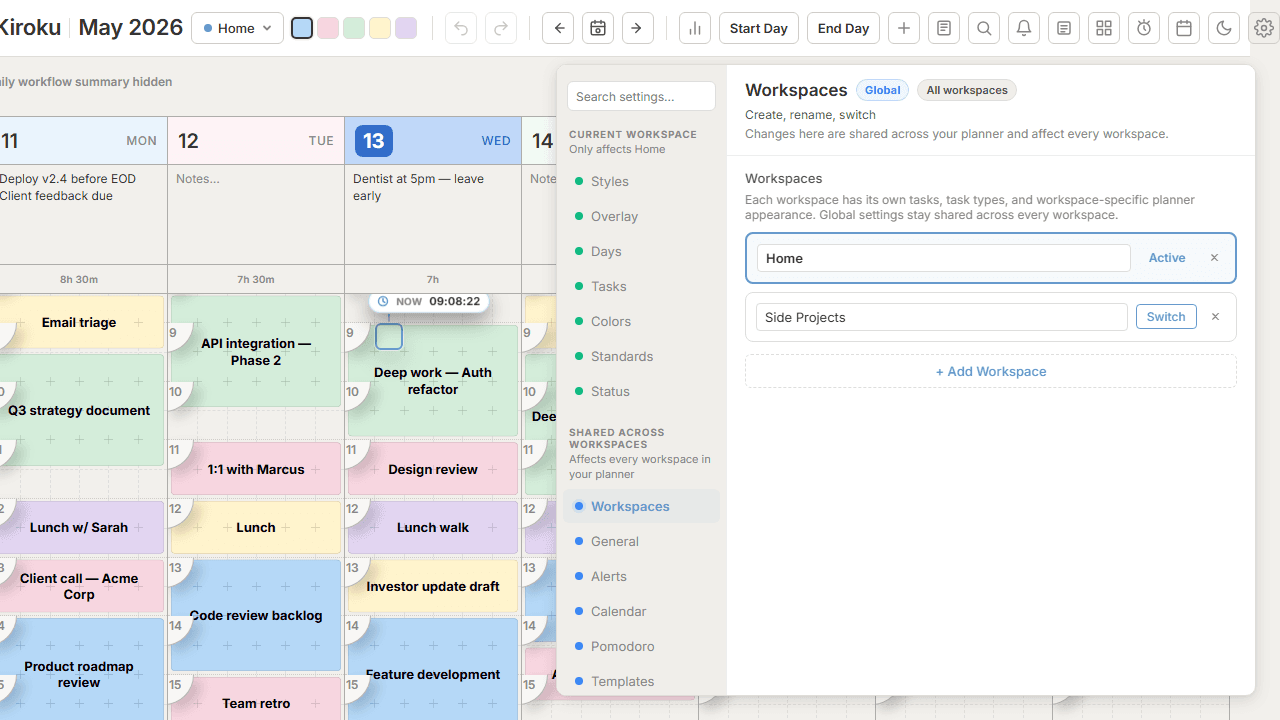 Kiroku workspace switcher showing multiple workspaces for separating work and personal schedules